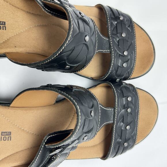 Clarks Collection Black Leather Wedge Sandals Size 7 Studded Adjustable Braided - Picture 4 of 8